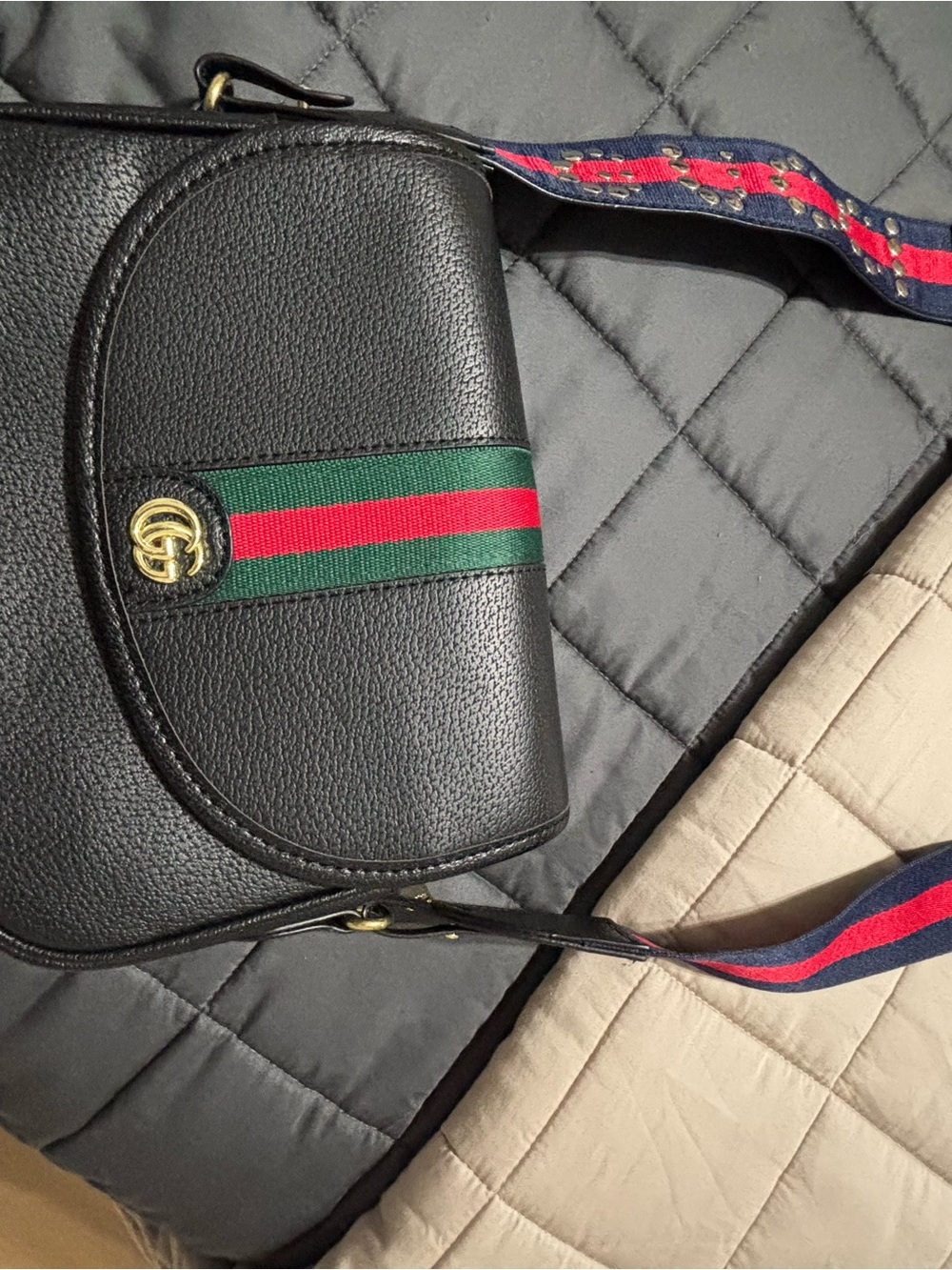 Black Leather Messenger Bag with Green-Red Stripe